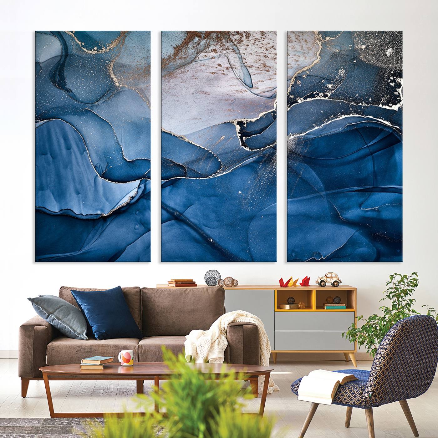 27810-MGV-CV-36X24-Navy Blue Canvas Art Abstract Print – Elegant Triptych Modern Art Print – Contemporary Decor for Living Room or Office – Ready to Hang