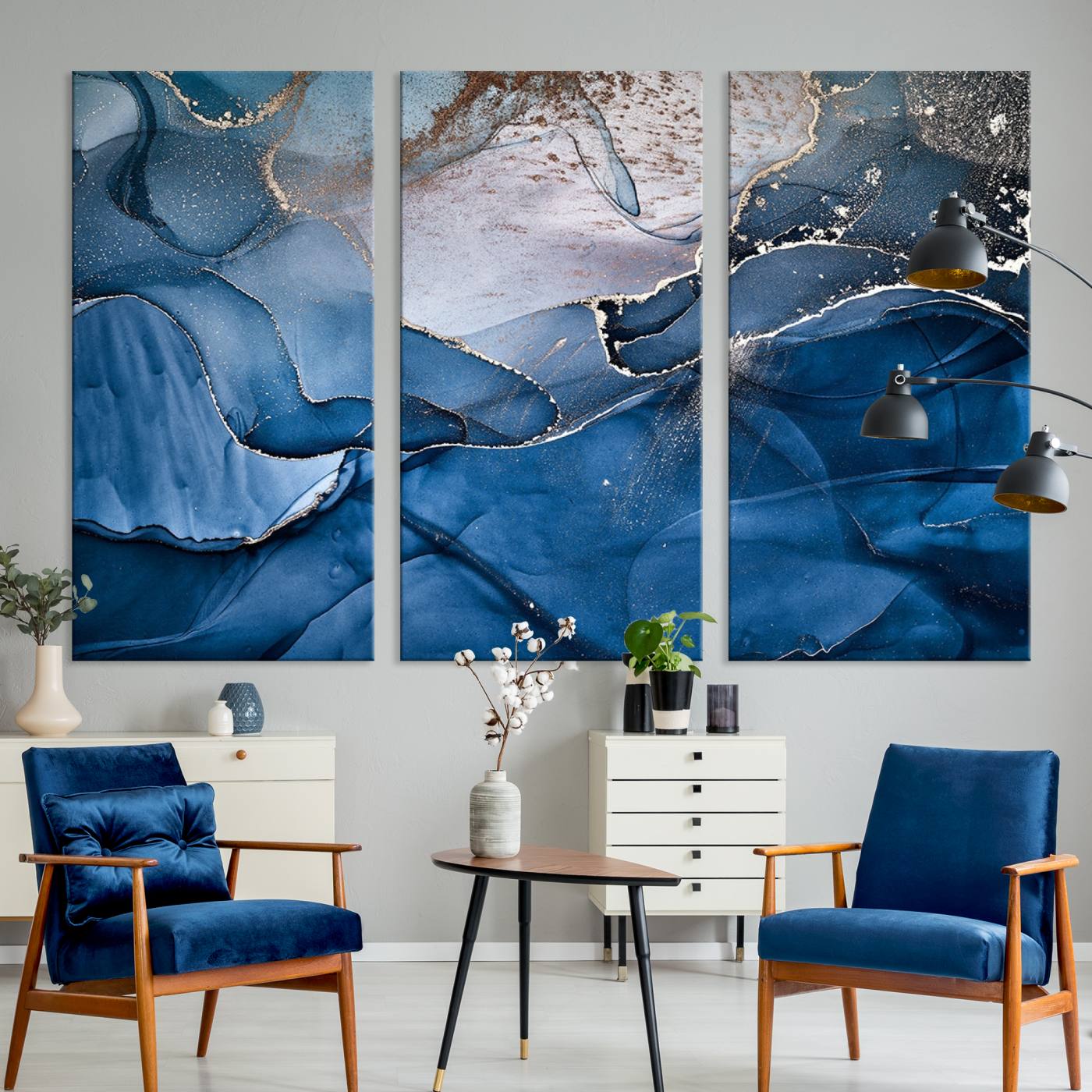27810-MGV-CV-36X24-Navy Blue Canvas Art Abstract Print – Elegant Triptych Modern Art Print – Contemporary Decor for Living Room or Office – Ready to Hang