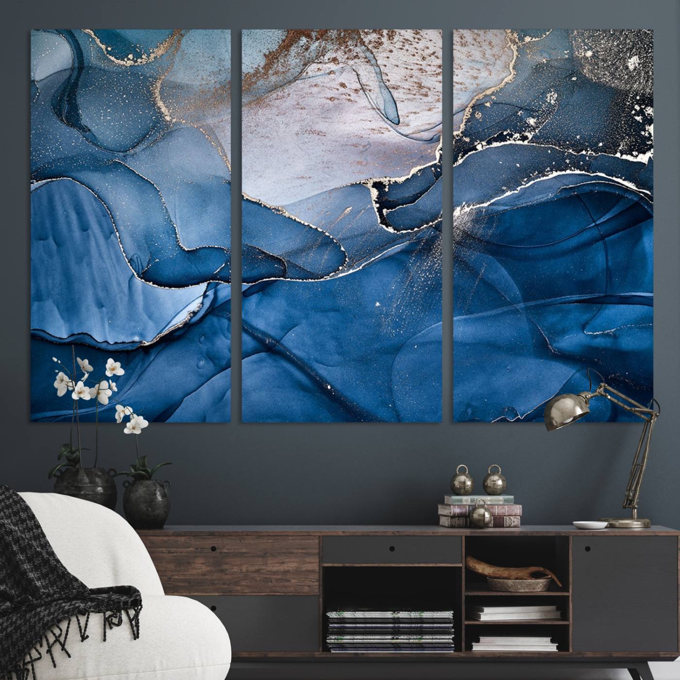 27810-MGV-CV-36X24-Navy Blue Canvas Art Abstract Print – Elegant Triptych Modern Art Print – Contemporary Decor for Living Room or Office – Ready to Hang