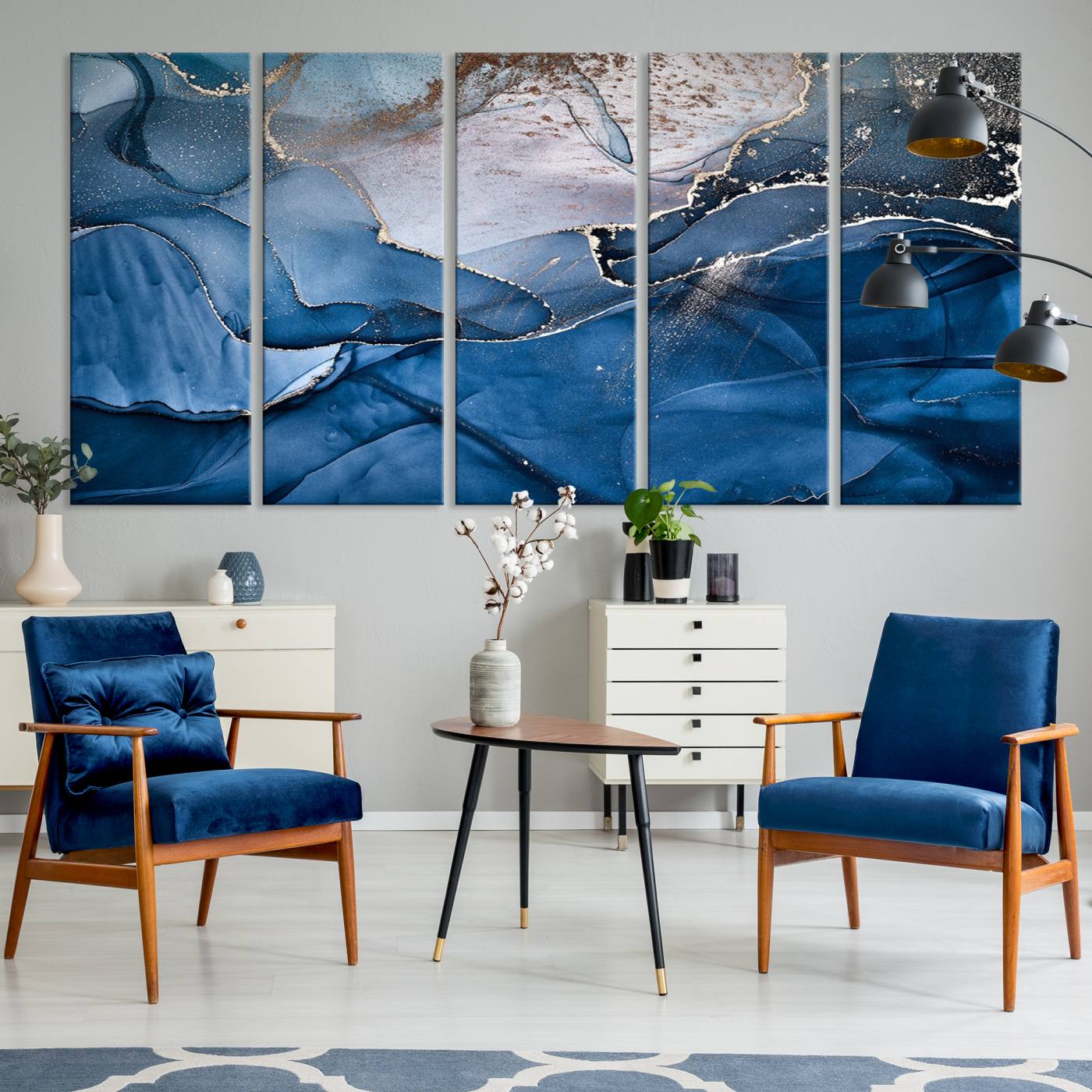 27810-MGV-CV-36X24-Navy Blue Canvas Art Abstract Print – Elegant Triptych Modern Art Print – Contemporary Decor for Living Room or Office – Ready to Hang