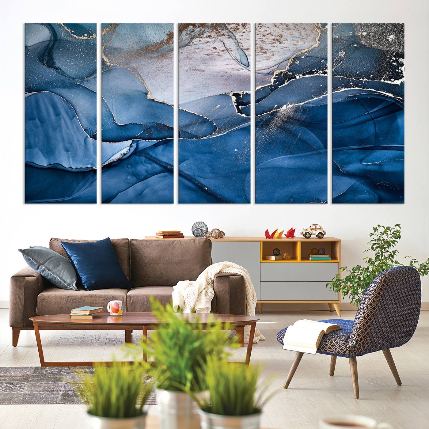 27810-MGV-CV-60X31-5P-Navy Blue Canvas Art Abstract Print – Elegant Triptych Modern Art Print – Contemporary Decor for Living Room or Office – Ready to Hang