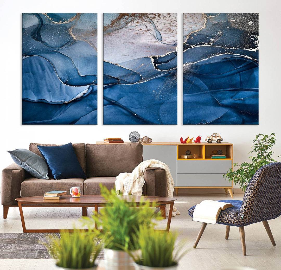 Navy Blue Canvas Art Abstract Print – Elegant Triptych Modern Art Print – Contemporary Decor for Living Room or Office – Ready to Hang