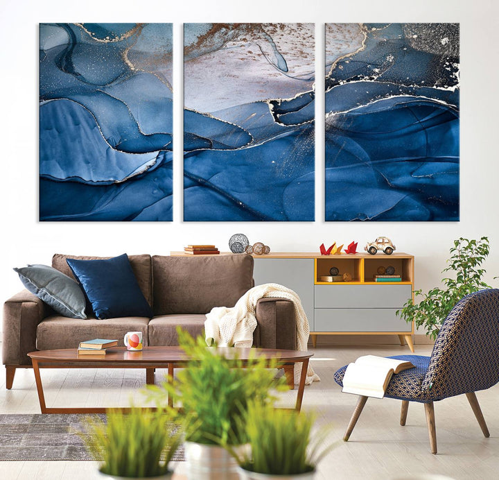 Navy Blue Canvas Art Abstract Print – Elegant Triptych Modern Art Print – Contemporary Decor for Living Room or Office – Ready to Hang
