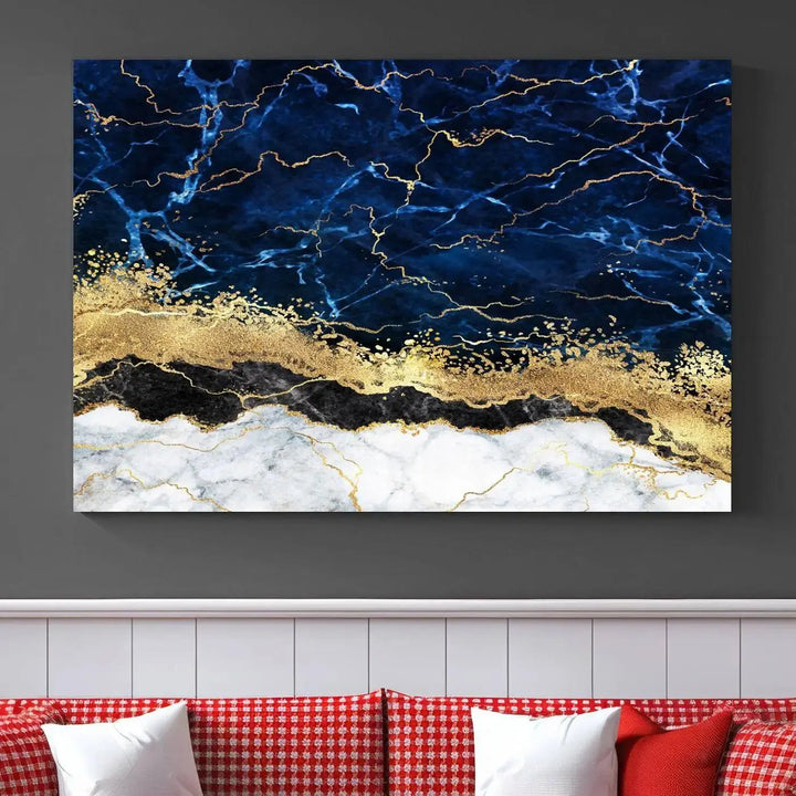 The living room is adorned with the Navy Blue Marble Fluid Effect Wall Art Abstract Canvas Wall Art Print. This ready-to-hang three-panel artwork features blue, gold, and white tones on museum-quality canvas with a UV-protective coating.