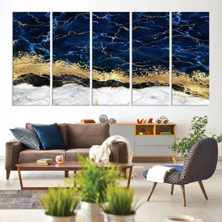 The living room is adorned with the Navy Blue Marble Fluid Effect Wall Art Abstract Canvas Wall Art Print. This ready-to-hang three-panel artwork features blue, gold, and white tones on museum-quality canvas with a UV-protective coating.