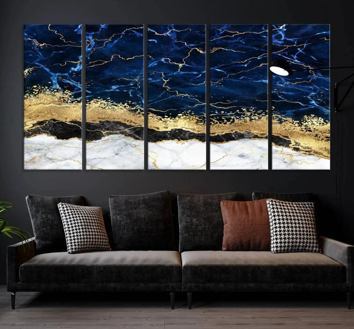 The living room is adorned with the Navy Blue Marble Fluid Effect Wall Art Abstract Canvas Wall Art Print. This ready-to-hang three-panel artwork features blue, gold, and white tones on museum-quality canvas with a UV-protective coating.