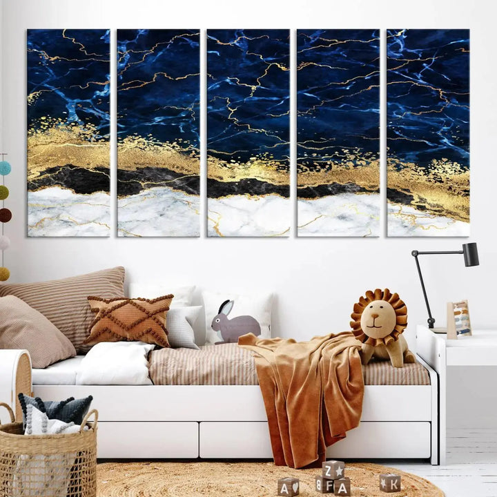 The living room is adorned with the Navy Blue Marble Fluid Effect Wall Art Abstract Canvas Wall Art Print. This ready-to-hang three-panel artwork features blue, gold, and white tones on museum-quality canvas with a UV-protective coating.