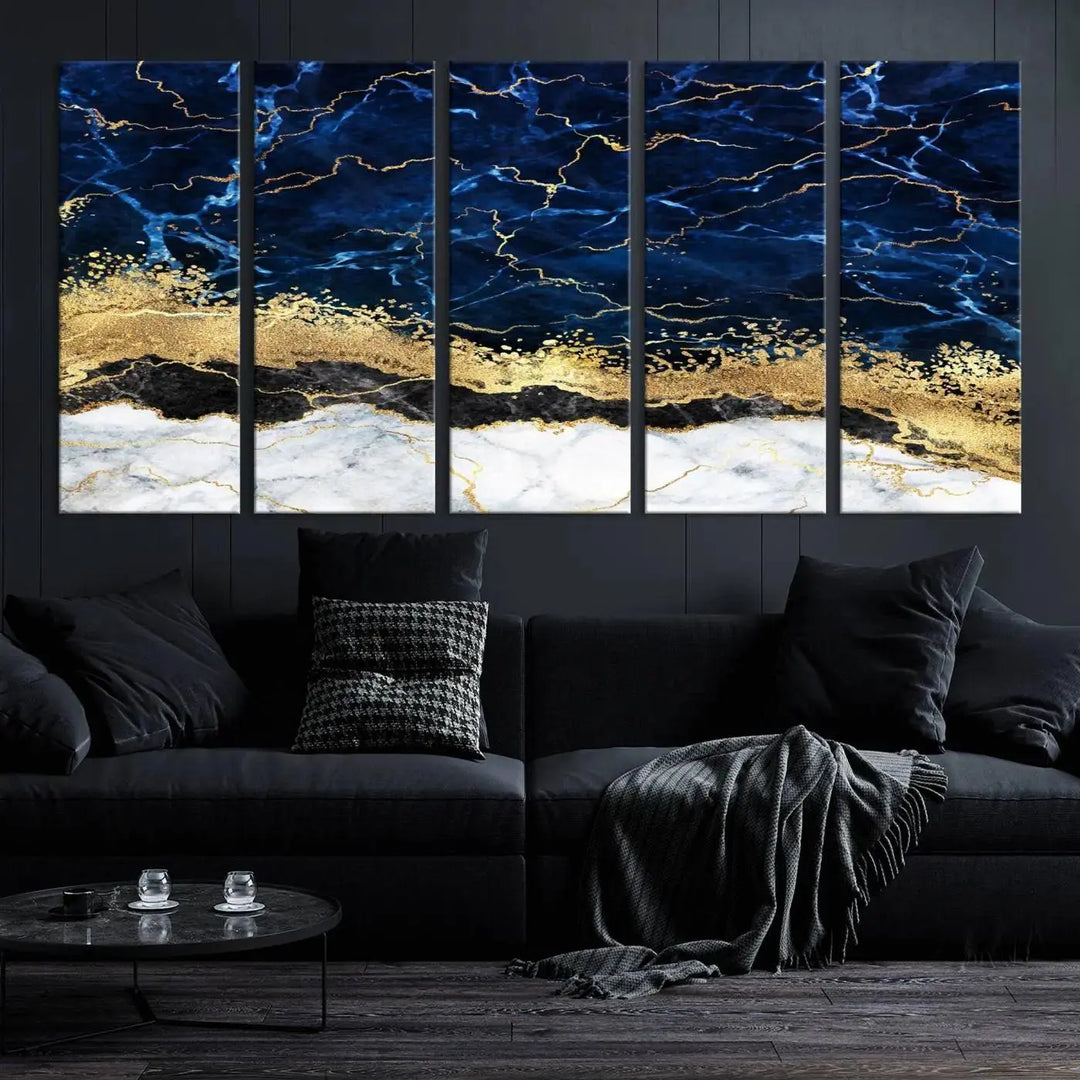 The living room is adorned with the Navy Blue Marble Fluid Effect Wall Art Abstract Canvas Wall Art Print. This ready-to-hang three-panel artwork features blue, gold, and white tones on museum-quality canvas with a UV-protective coating.