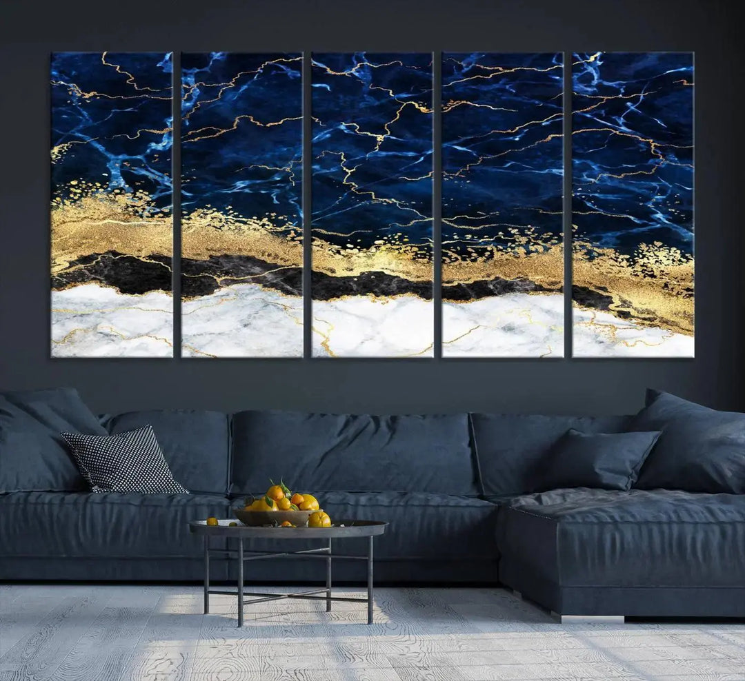 The living room is adorned with the Navy Blue Marble Fluid Effect Wall Art Abstract Canvas Wall Art Print. This ready-to-hang three-panel artwork features blue, gold, and white tones on museum-quality canvas with a UV-protective coating.