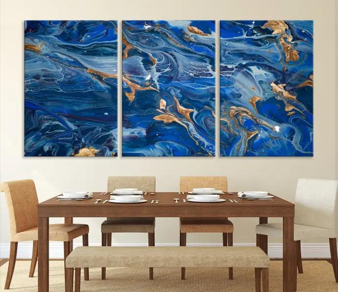 Adorn the space above your couch with the "Navy Blue Marble Fluid Effect Wall Art Abstract Canvas Wall Art Print," featuring exquisite blue and gold swirling patterns on museum-quality canvases.