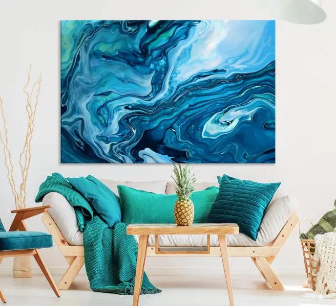 A triptych of the Navy Blue Marble Fluid Effect Wall Art Abstract Canvas Print, featuring swirling blue patterns, graces the space. These pieces are crafted on museum-quality canvas and gallery wrapped with a UV-protective coating to ensure longevity.