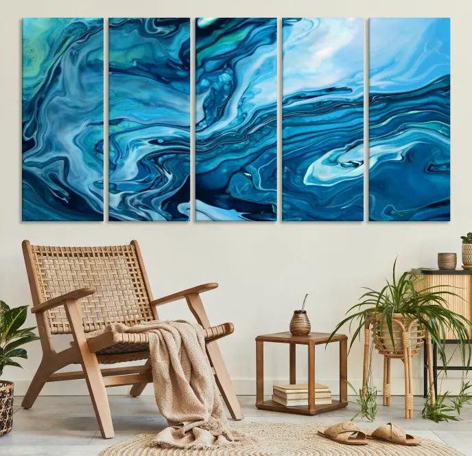 A triptych of the Navy Blue Marble Fluid Effect Wall Art Abstract Canvas Print, featuring swirling blue patterns, graces the space. These pieces are crafted on museum-quality canvas and gallery wrapped with a UV-protective coating to ensure longevity.