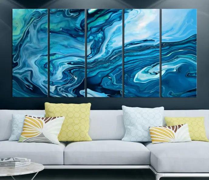 A triptych of the Navy Blue Marble Fluid Effect Wall Art Abstract Canvas Print, featuring swirling blue patterns, graces the space. These pieces are crafted on museum-quality canvas and gallery wrapped with a UV-protective coating to ensure longevity.