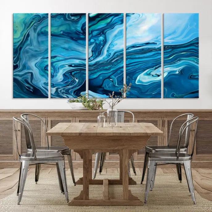 A triptych of the Navy Blue Marble Fluid Effect Wall Art Abstract Canvas Print, featuring swirling blue patterns, graces the space. These pieces are crafted on museum-quality canvas and gallery wrapped with a UV-protective coating to ensure longevity.