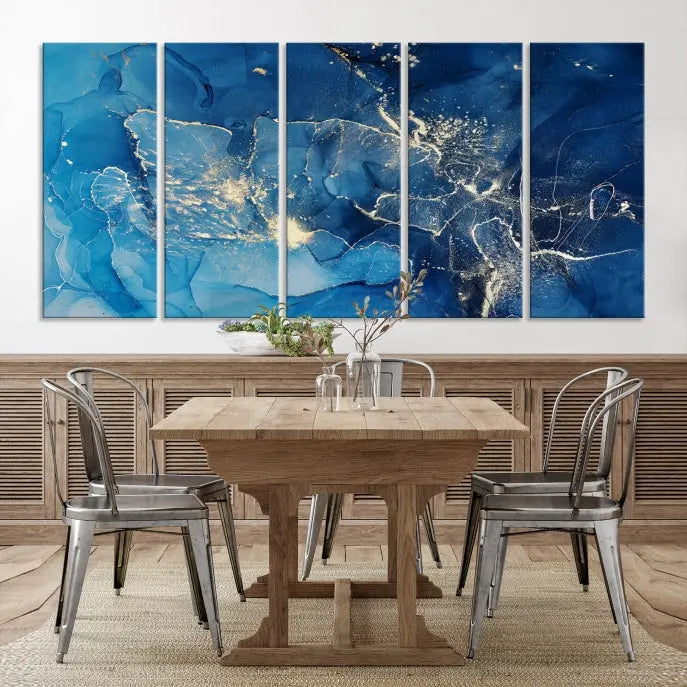 A modern living room features the "Navy Blue Marble Fluid Effect Wall Art Abstract Canvas Wall Art Print" above a white sofa. The museum-quality canvas adds an effortless touch of elegance.