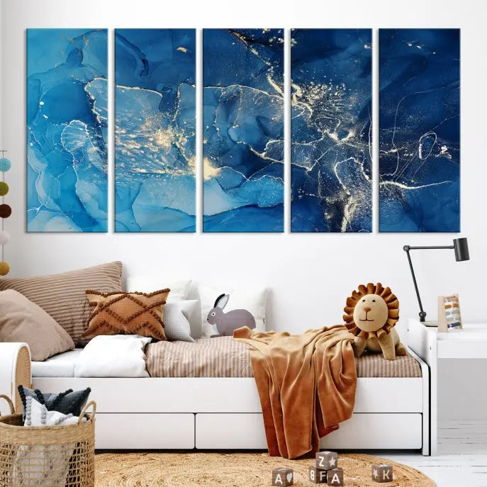 A modern living room features the "Navy Blue Marble Fluid Effect Wall Art Abstract Canvas Wall Art Print" above a white sofa. The museum-quality canvas adds an effortless touch of elegance.