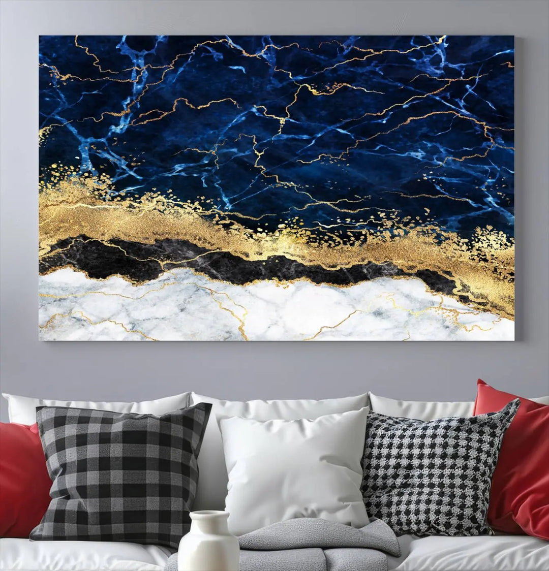 The living room is adorned with the Navy Blue Marble Fluid Effect Wall Art Abstract Canvas Wall Art Print. This ready-to-hang three-panel artwork features blue, gold, and white tones on museum-quality canvas with a UV-protective coating.