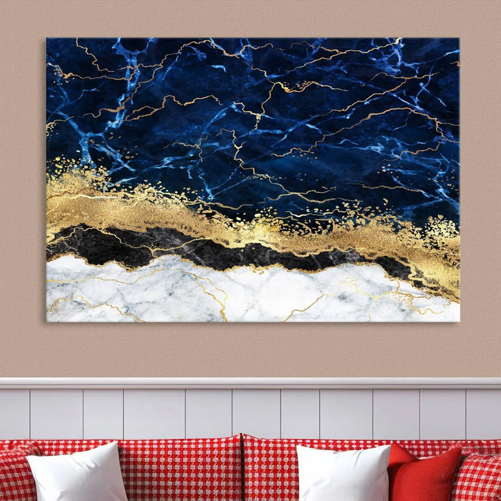 The living room is adorned with the Navy Blue Marble Fluid Effect Wall Art Abstract Canvas Wall Art Print. This ready-to-hang three-panel artwork features blue, gold, and white tones on museum-quality canvas with a UV-protective coating.