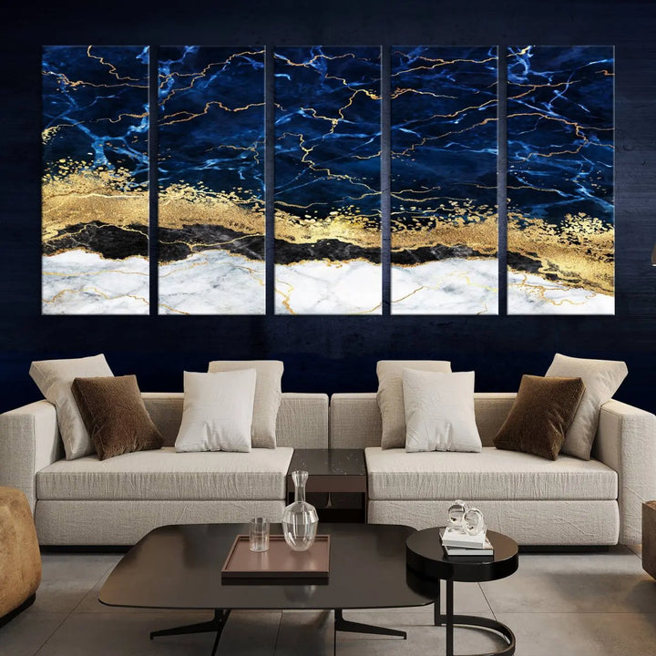 The living room is adorned with the Navy Blue Marble Fluid Effect Wall Art Abstract Canvas Wall Art Print. This ready-to-hang three-panel artwork features blue, gold, and white tones on museum-quality canvas with a UV-protective coating.