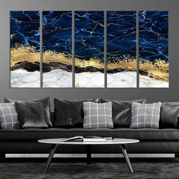 The living room is adorned with the Navy Blue Marble Fluid Effect Wall Art Abstract Canvas Wall Art Print. This ready-to-hang three-panel artwork features blue, gold, and white tones on museum-quality canvas with a UV-protective coating.