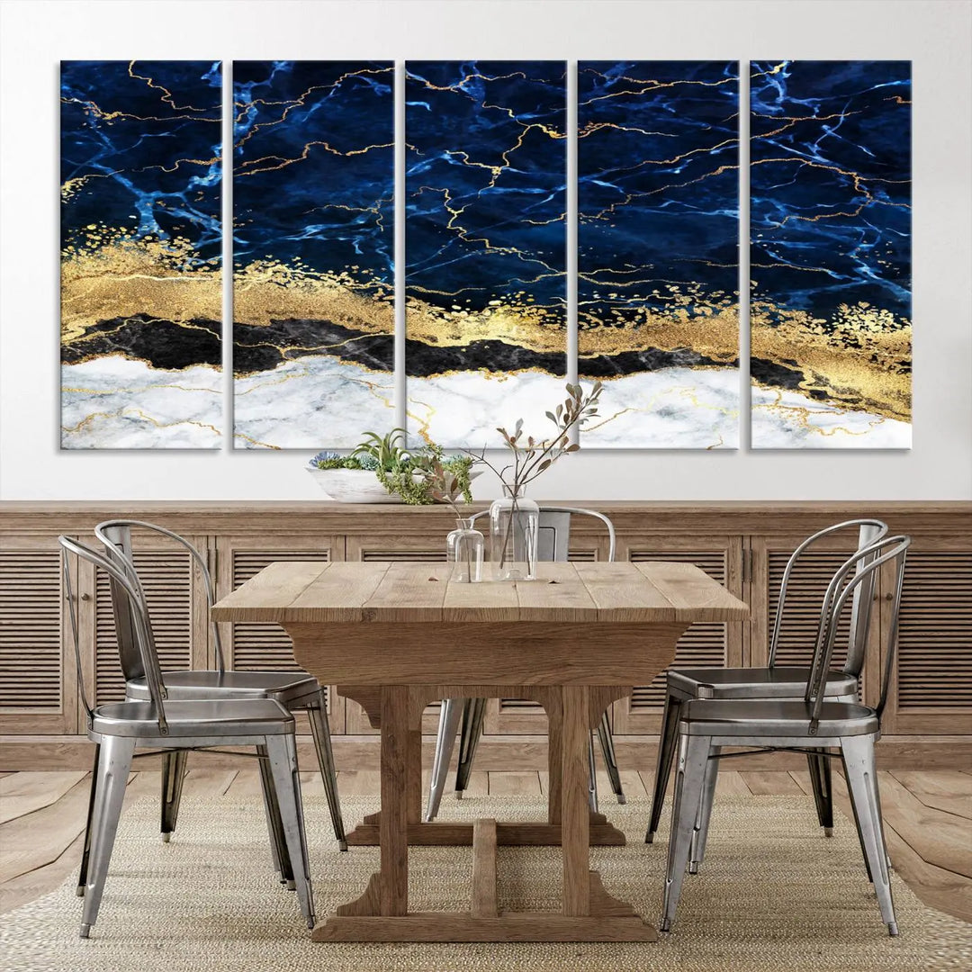 The living room is adorned with the Navy Blue Marble Fluid Effect Wall Art Abstract Canvas Wall Art Print. This ready-to-hang three-panel artwork features blue, gold, and white tones on museum-quality canvas with a UV-protective coating.