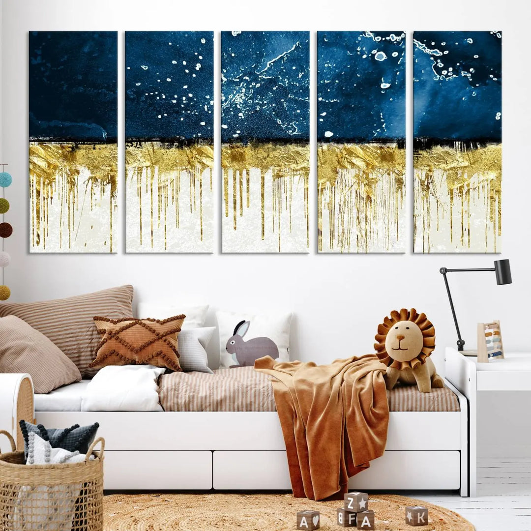 The Navy Blue Marble Fluid Effect Wall Art Abstract Canvas Print, a three-panel piece featuring blue, gold, and white colors on gallery-wrapped canvas, adorns the wall in a modern room. The museum-quality canvas ensures an elegant touch.