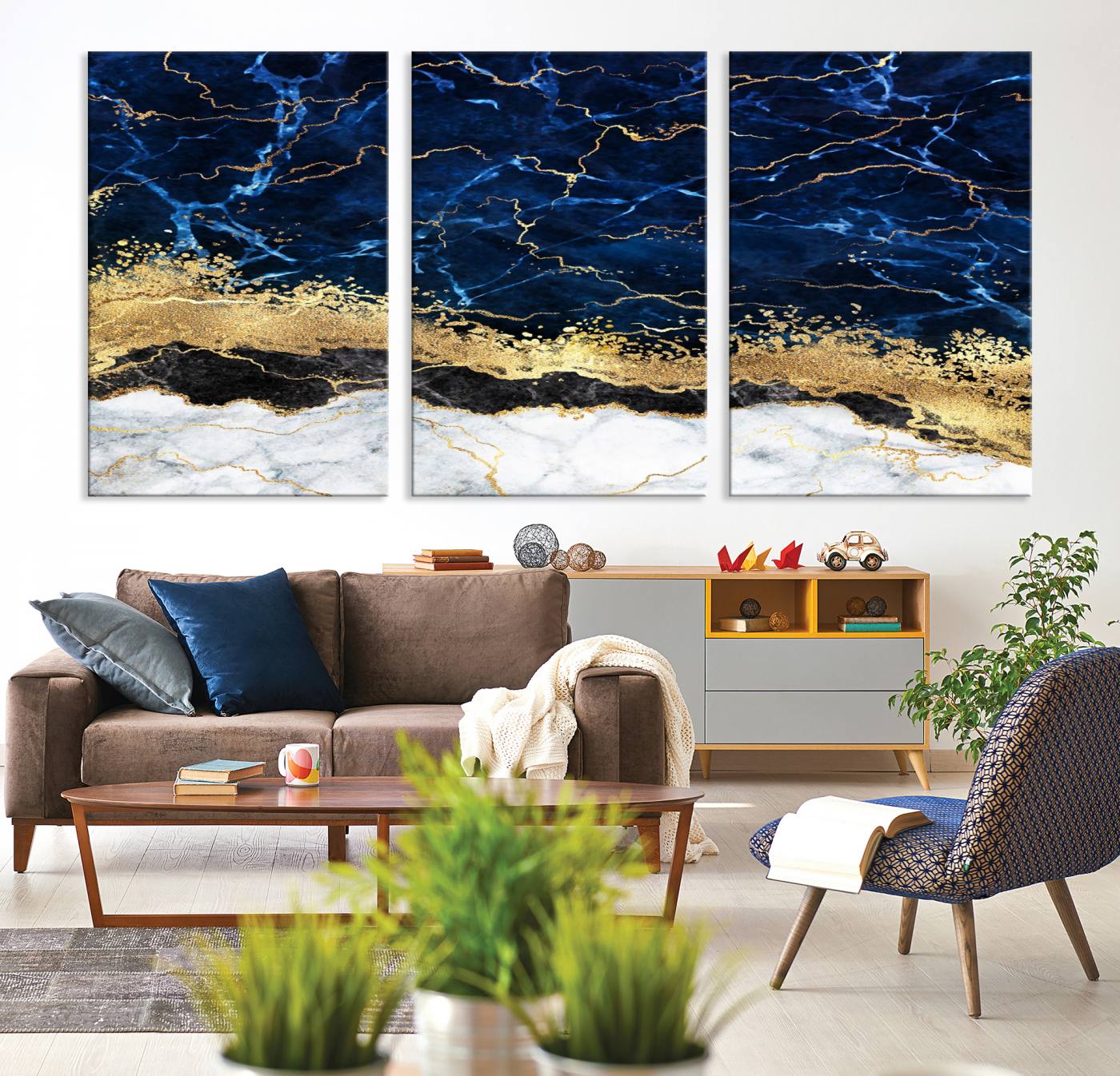 62286-MGV-CV-36X24-Navy Blue Marble Fluid Effect Wall Art Abstract Canvas Wall Art Print