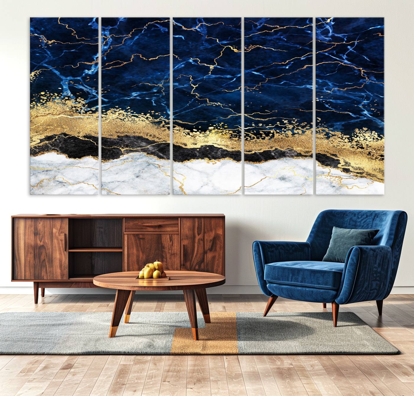 62286-MGV-CV-36X24-Navy Blue Marble Fluid Effect Wall Art Abstract Canvas Wall Art Print