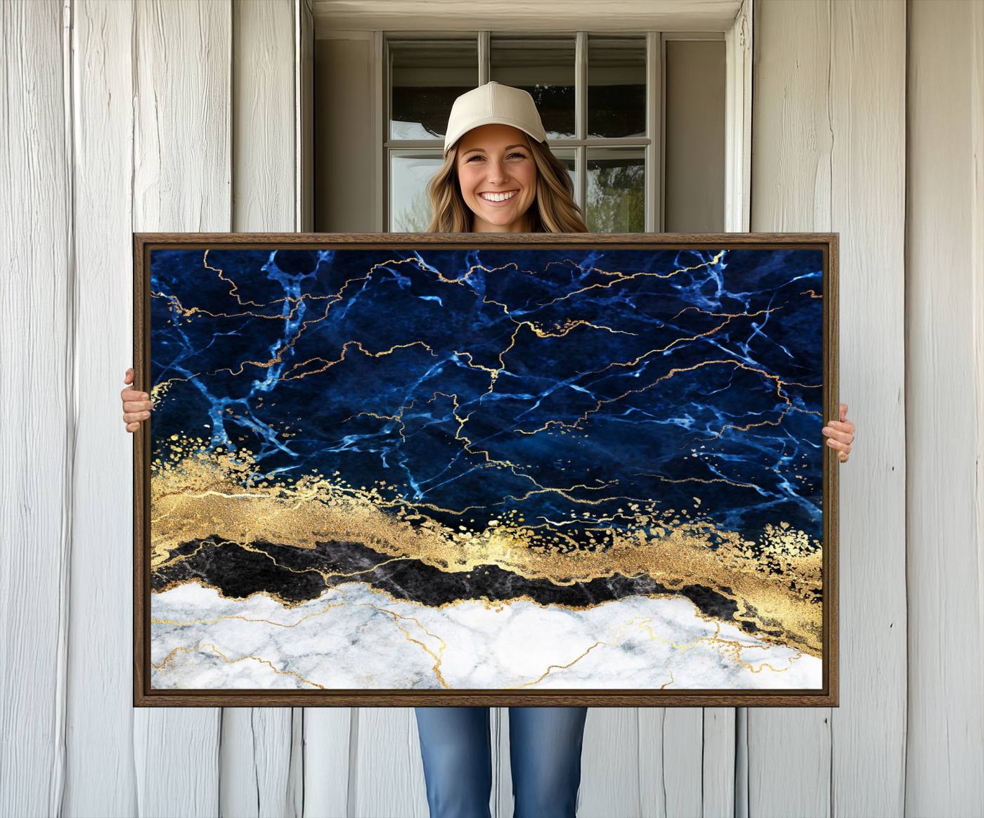 62286-MGV-CV-36X24-Navy Blue Marble Fluid Effect Wall Art Abstract Canvas Wall Art Print