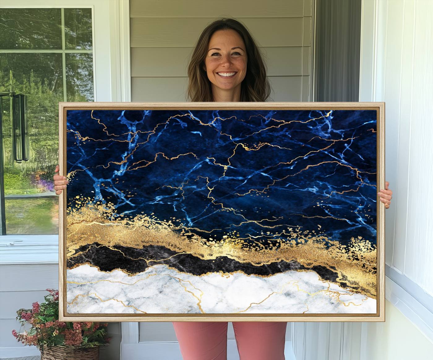 62286-MGV-CV-36X24-Navy Blue Marble Fluid Effect Wall Art Abstract Canvas Wall Art Print