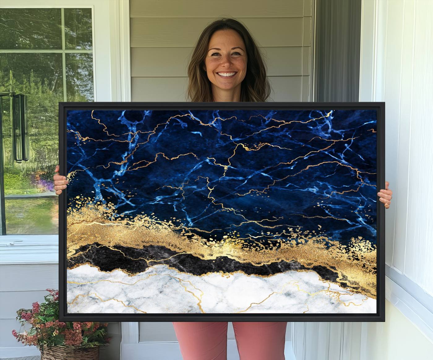 62286-MGV-CV-36X24-Navy Blue Marble Fluid Effect Wall Art Abstract Canvas Wall Art Print