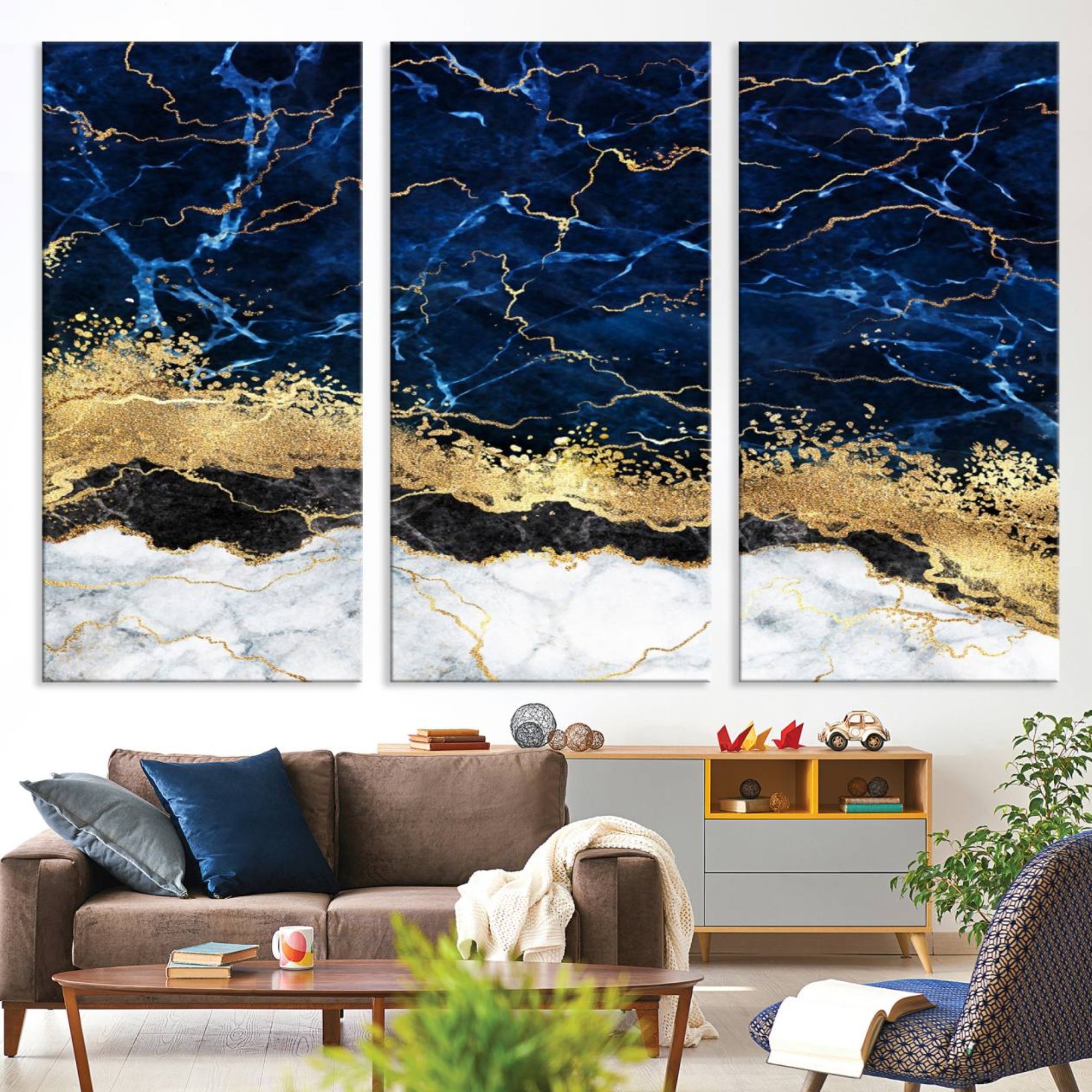 62286-MGV-CV-36X24-Navy Blue Marble Fluid Effect Wall Art Abstract Canvas Wall Art Print