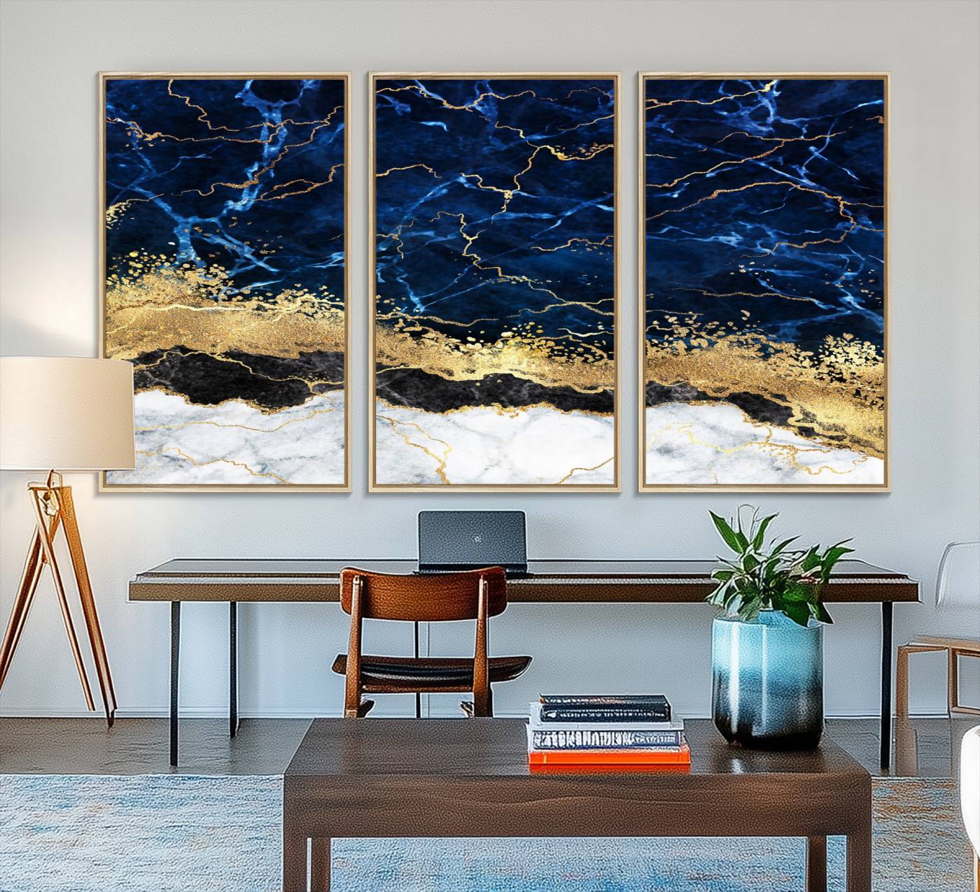 62286-MGV-FC-48X32-3P_Natural-Navy Blue Marble Fluid Effect Wall Art Abstract Canvas Wall Art Print