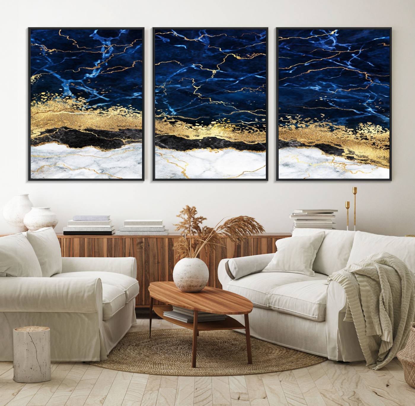 62286-MGV-FC-60X30-3P_Black-Navy Blue Marble Fluid Effect Wall Art Abstract Canvas Wall Art Print