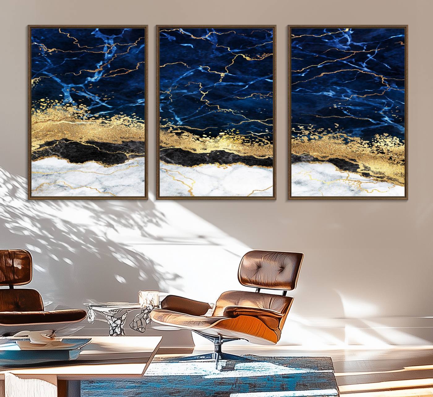 62286-MGV-FC-60X30-3P_Walnut-Navy Blue Marble Fluid Effect Wall Art Abstract Canvas Wall Art Print