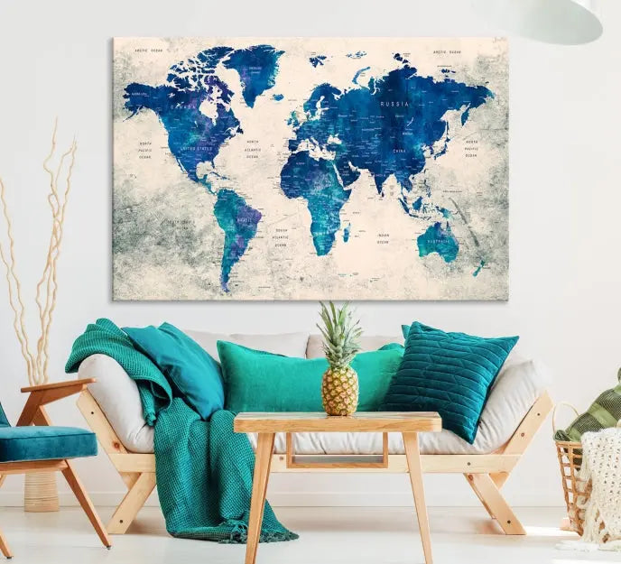 A Navy Blue Push Pin World Map Wall Art Canvas Print, displayed as a triptych on gallery-wrapped, museum-quality canvas, hangs on the wall.