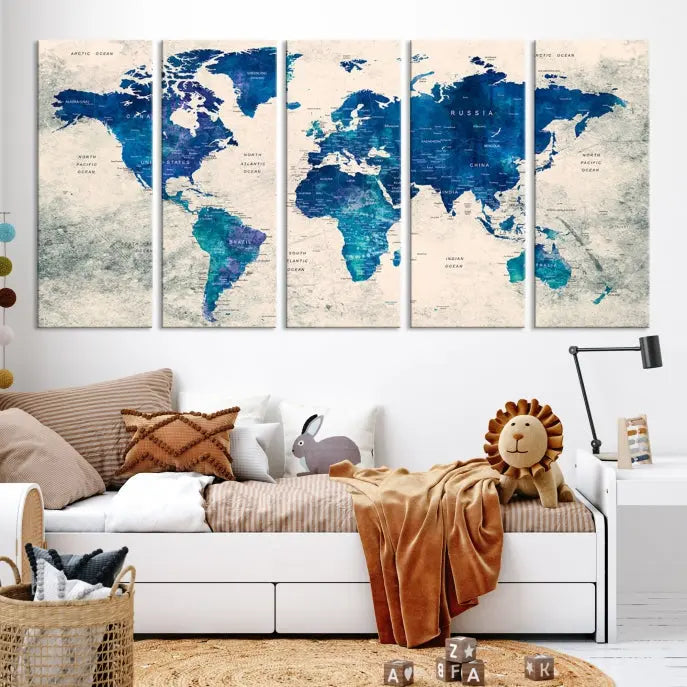 A Navy Blue Push Pin World Map Wall Art Canvas Print, displayed as a triptych on gallery-wrapped, museum-quality canvas, hangs on the wall.