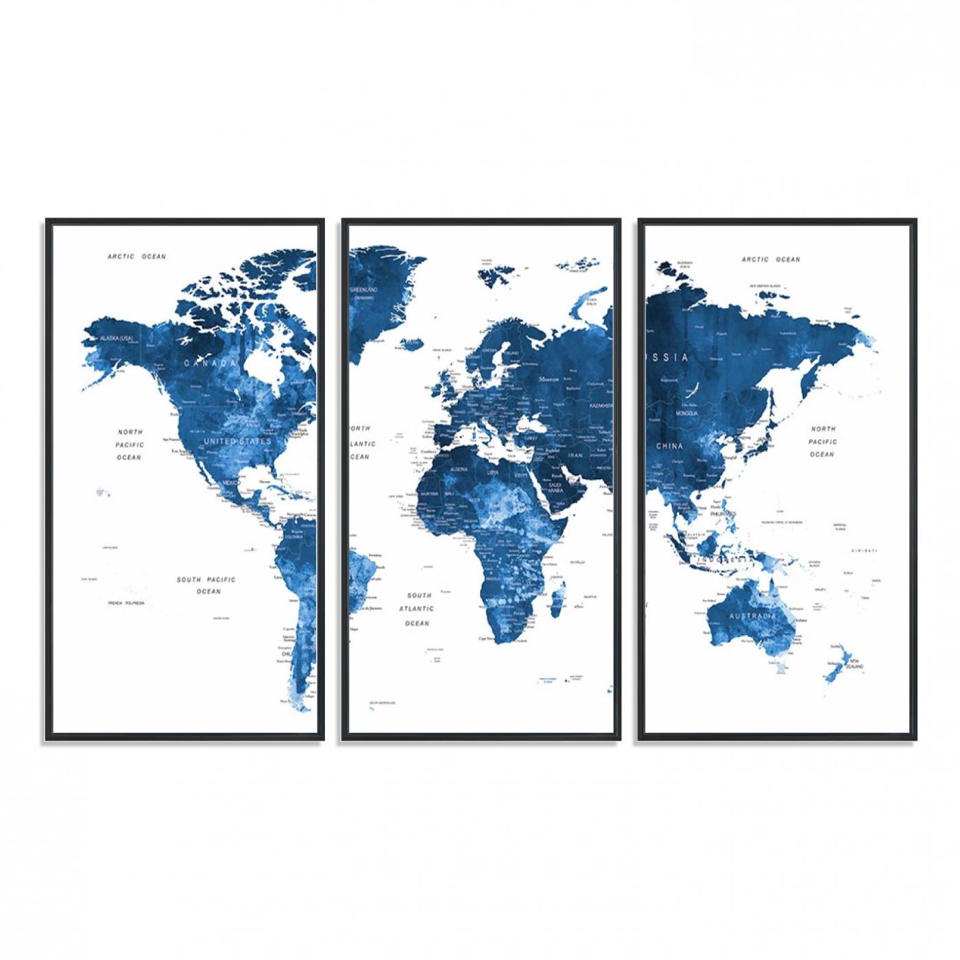 22546-MGV-FC-48X32-3P_Black-Navy Blue Wall Art World Map Canvas Print - Framed and Ready to Hang Large Modern Map Art for Home and Office Decor