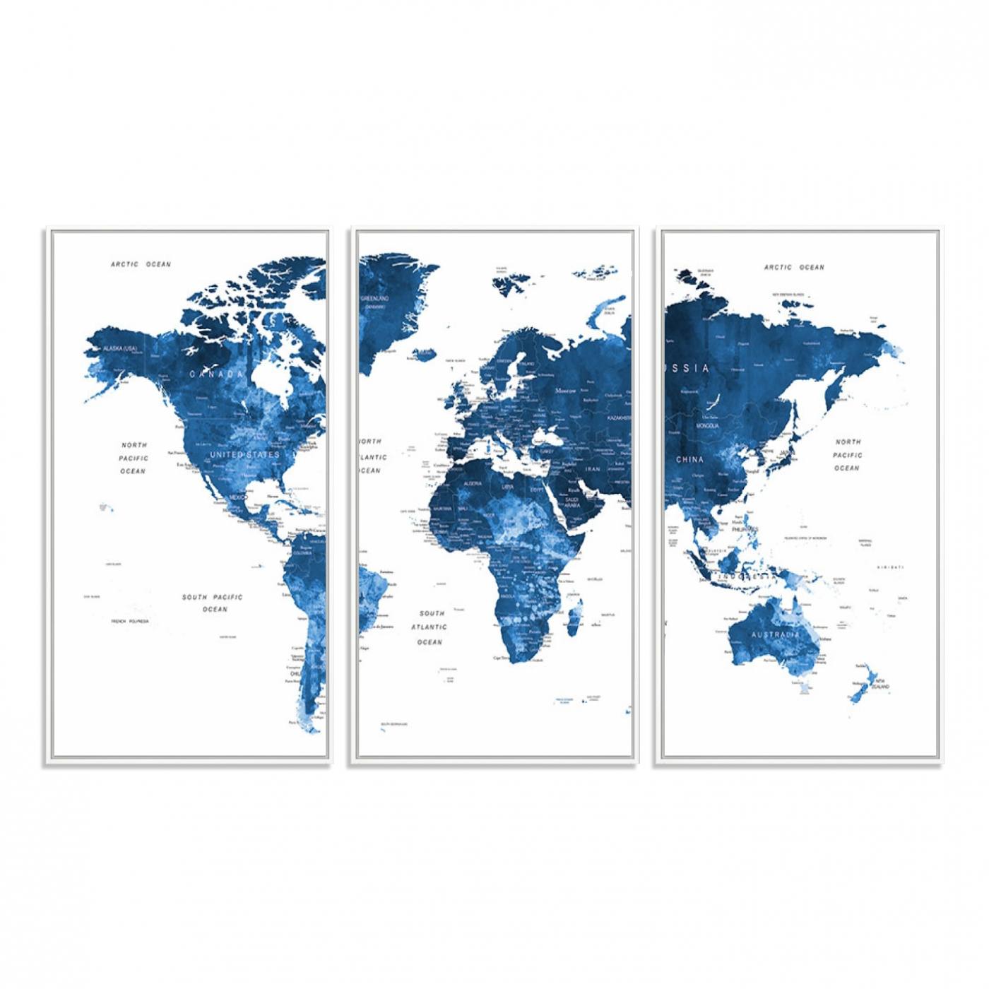 22546-MGV-FC-48X32-3P_White-Navy Blue Wall Art World Map Canvas Print - Framed and Ready to Hang Large Modern Map Art for Home and Office Decor