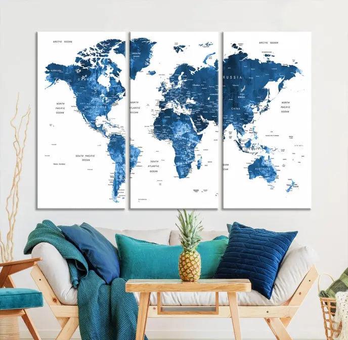 A contemporary living room radiating sophistication showcases the Navy Blue Wall Art World Map Canvas Print, framed and ready to hang.