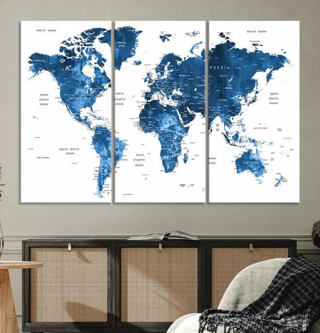 A contemporary living room radiating sophistication showcases the Navy Blue Wall Art World Map Canvas Print, framed and ready to hang.