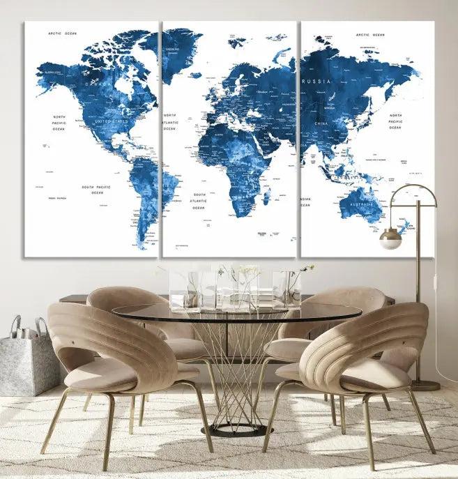 A contemporary living room radiating sophistication showcases the Navy Blue Wall Art World Map Canvas Print, framed and ready to hang.