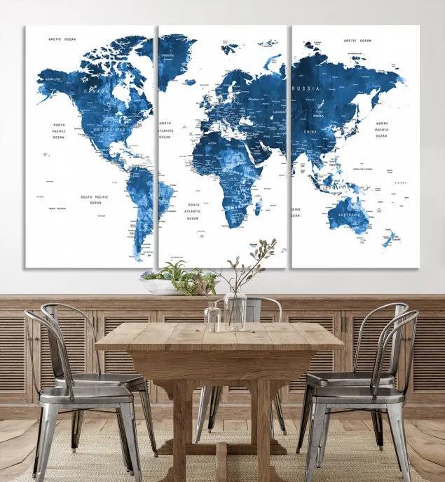 A contemporary living room radiating sophistication showcases the Navy Blue Wall Art World Map Canvas Print, framed and ready to hang.