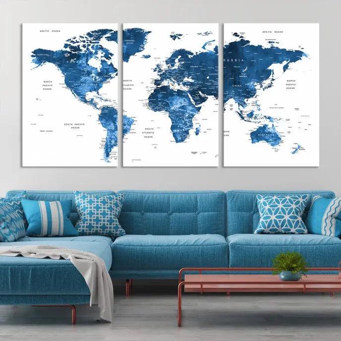 A contemporary living room radiating sophistication showcases the Navy Blue Wall Art World Map Canvas Print, framed and ready to hang.