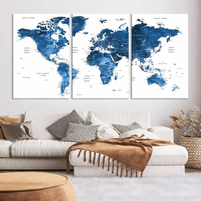 A contemporary living room radiating sophistication showcases the Navy Blue Wall Art World Map Canvas Print, framed and ready to hang.