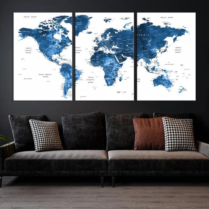 A contemporary living room radiating sophistication showcases the Navy Blue Wall Art World Map Canvas Print, framed and ready to hang.