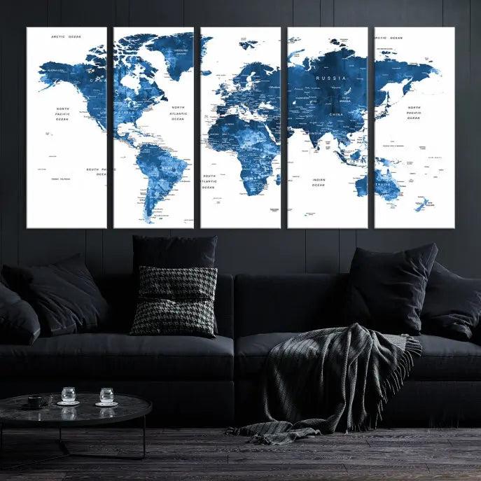 A contemporary living room radiating sophistication showcases the Navy Blue Wall Art World Map Canvas Print, framed and ready to hang.