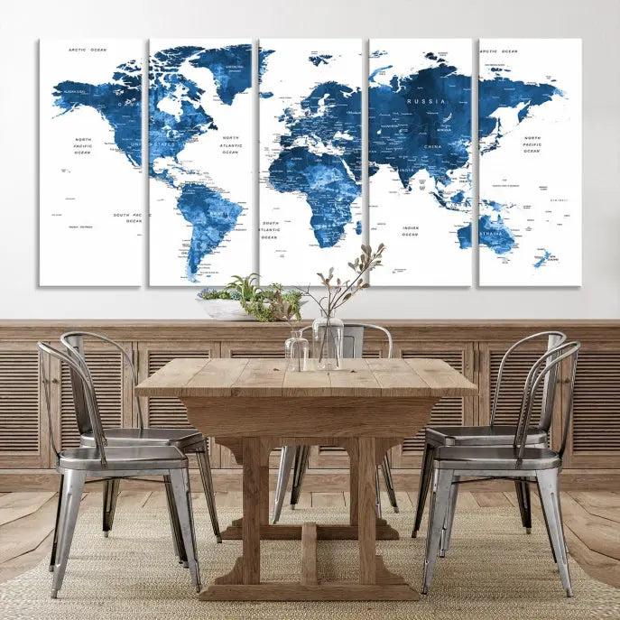 A contemporary living room radiating sophistication showcases the Navy Blue Wall Art World Map Canvas Print, framed and ready to hang.