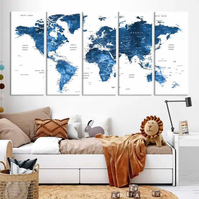 The Navy Blue Watercolor Push Pin World Map wall art canvas print, featuring a three-panel design and gallery wrapping on museum-quality canvas, adds an elegant touch to the room.