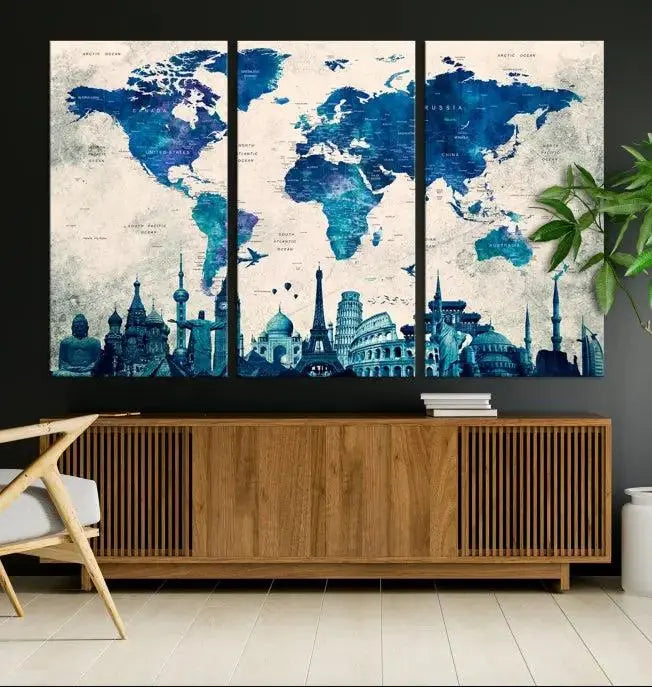 Navy Blue World Map Canvas Print, Wonder of World Map Push Pin Canvas Print: This triptych wall art displays a world map, highlighting famous global landmarks on museum-quality canvases. Each piece is ready to hang and includes a UV-protective coating for enduring vibrancy.